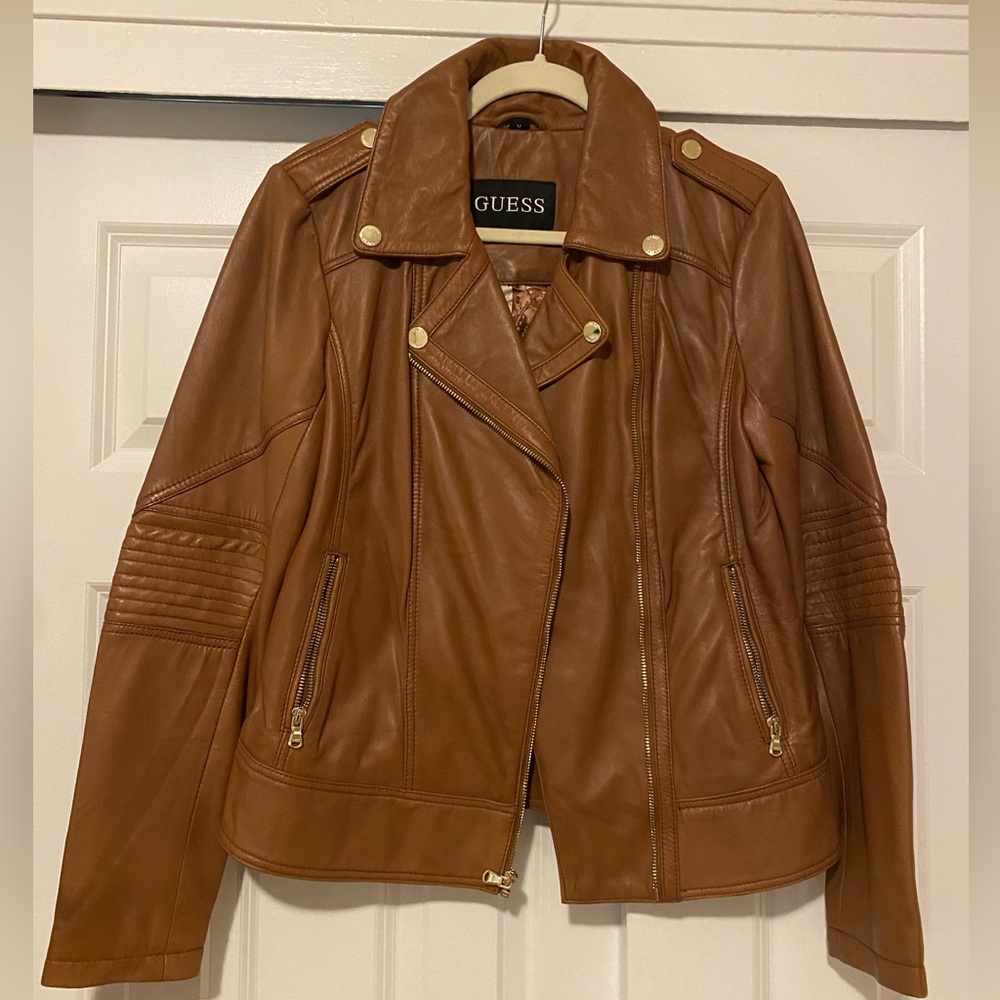 Guess Brown Leather Motorcycle Jacket - Size M with Gold Accents